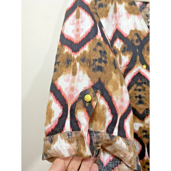 Ellen Tracy Ikat Print Linen Tunic Blouse Rollback Sleeves Pocket Women's XLARGE - Picture 4 of 10